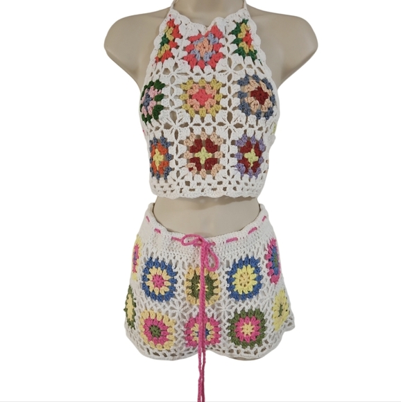 Handmade Crochet Halter Top Granny Square Floral Multicored Boho Bikini Top - Picture 7 of 17